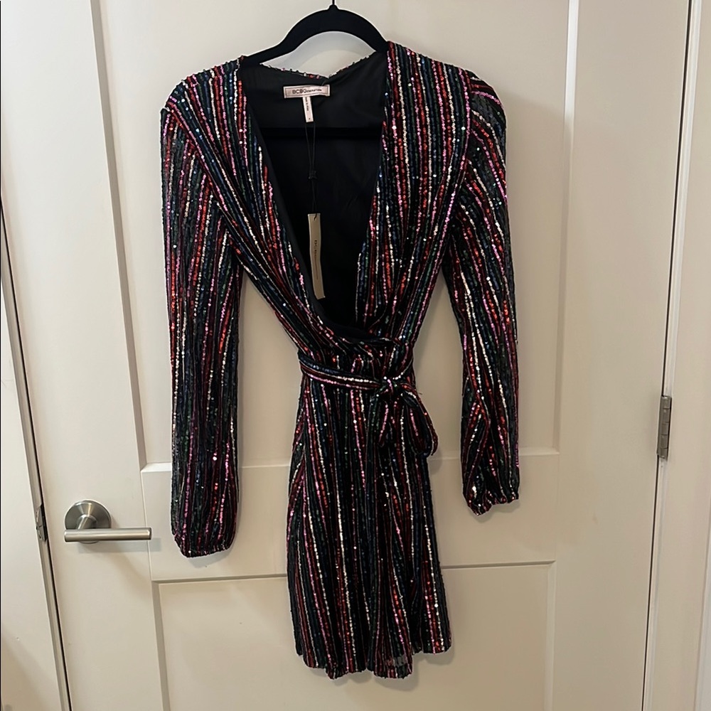 BCBGeneration Color Rainbow Sequin V- neck Dress